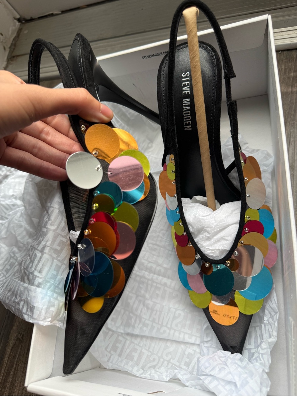 Steve Madden Black Pointed Slingbacks with Multicolor Sequin Discs - Picture 3 of 4